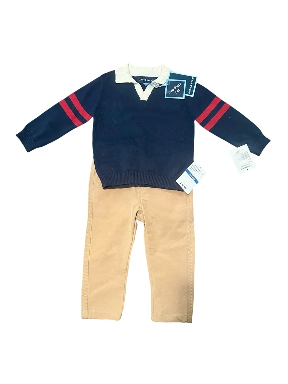 ANDY & EVAN Infant 2-Piece Collared Sweater & Hybrid Pant, Navy & Cognac 9-12M